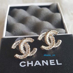 Chanel Clear and Grey Crystal CC Earrings, Gold
